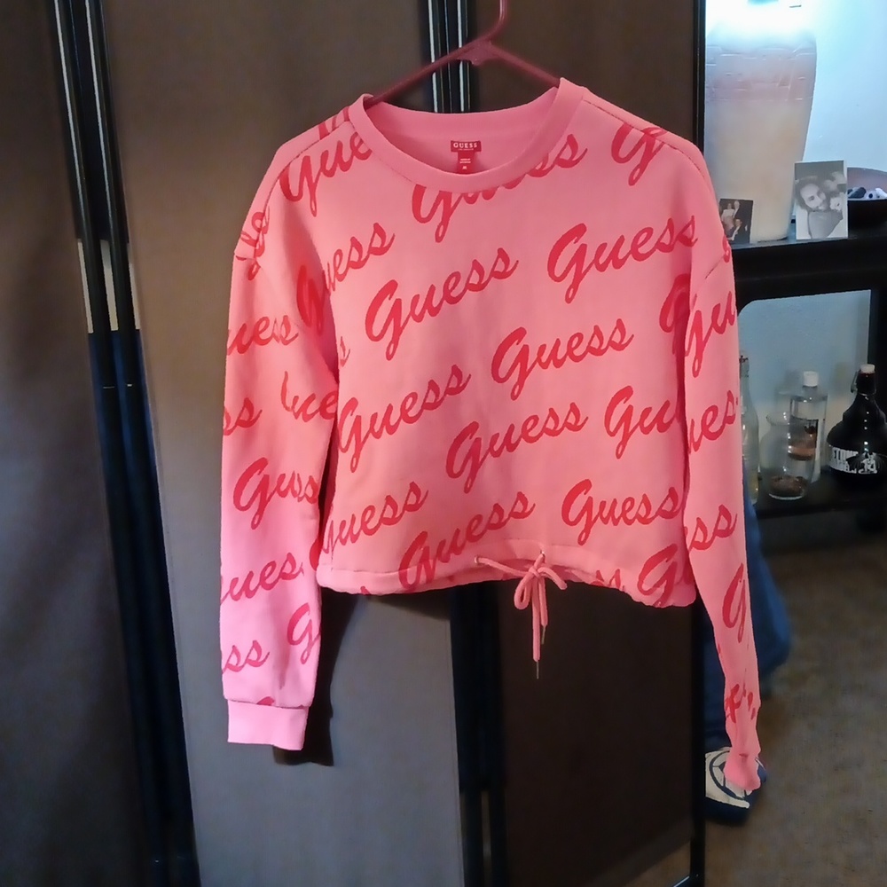 Guess Cropped Sweatshirt Sz M Pink w/ Bright Pink GUESS Written all over it. NWT
